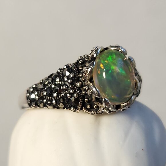 VTG 4.31g 925 Natural Ethiopian Welo Fire Opal W/ Marcasite Ring Sz 6 - Picture 7 of 15